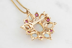 VINTAGE OPAL & RUBY STARBURST PENDANT/BROOCH 9ct GOLD