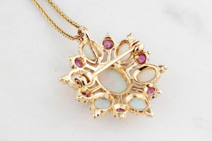 VINTAGE OPAL & RUBY STARBURST PENDANT/BROOCH 9ct GOLD