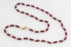 BESPOKE GARNET & PINK PEARL NECKLACE 9ct GOLD
