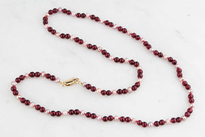 BESPOKE GARNET & PINK PEARL NECKLACE 9ct GOLD