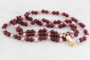 BESPOKE GARNET & PINK PEARL NECKLACE 9ct GOLD