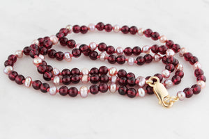 BESPOKE GARNET & PINK PEARL NECKLACE 9ct GOLD