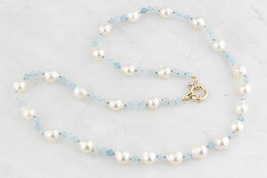 BESPOKE PEARL & AQUAMARINE NECKLACE 9ct GOLD