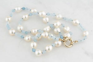 BESPOKE PEARL & AQUAMARINE NECKLACE 9ct GOLD