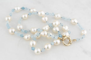 BESPOKE PEARL & AQUAMARINE NECKLACE 9ct GOLD