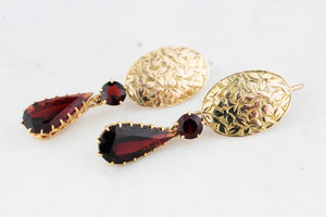 ANTIQUE ETCHED EDWARDIAN GARNET DROP EARRINGS 9ct GOLD