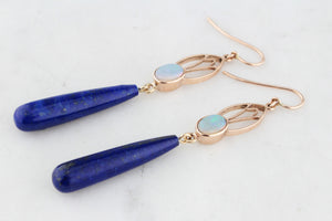 BESPOKE ART NOUVEAU SOLID OPAL & LAPIS LAZULI EARRINGS 9ct GOLD