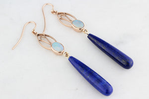 BESPOKE ART NOUVEAU SOLID OPAL & LAPIS LAZULI EARRINGS 9ct GOLD