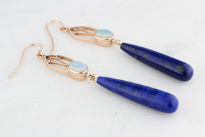 BESPOKE ART NOUVEAU SOLID OPAL & LAPIS LAZULI EARRINGS 9ct GOLD
