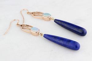 BESPOKE ART NOUVEAU SOLID OPAL & LAPIS LAZULI EARRINGS 9ct GOLD