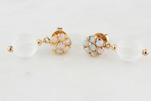 BESPOKE VINTAGE SOLID OPAL & CARVED CAMPHOR GLASS EARRINGS 9ct GOLD
