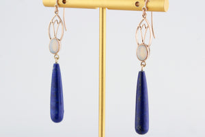 BESPOKE ART NOUVEAU SOLID OPAL & LAPIS LAZULI EARRINGS 9ct GOLD