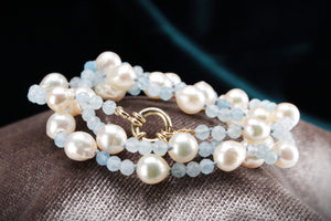 BESPOKE PEARL & AQUAMARINE NECKLACE 9ct GOLD
