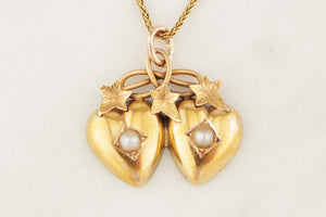 ANTIQUE VICTORIAN c1890 PEARL DOUBLE HEART & IVY PENDANT 18ct GOLD