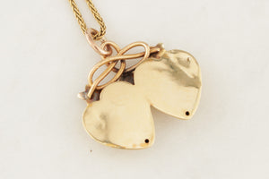 ANTIQUE VICTORIAN c1890 PEARL DOUBLE HEART & IVY PENDANT 18ct GOLD