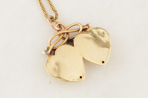 ANTIQUE VICTORIAN c1890 PEARL DOUBLE HEART & IVY PENDANT 18ct GOLD