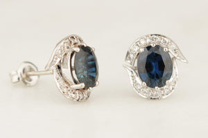 VINTAGE c1940 SAPPHIRE & DIAMOND EARRINGS 18ct WHITE GOLD