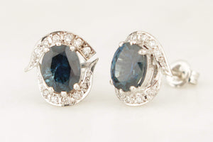 VINTAGE c1940 SAPPHIRE & DIAMOND EARRINGS 18ct WHITE GOLD