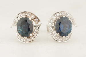 VINTAGE c1940 SAPPHIRE & DIAMOND EARRINGS 18ct WHITE GOLD