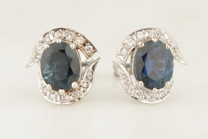VINTAGE c1940 SAPPHIRE & DIAMOND EARRINGS 18ct WHITE GOLD