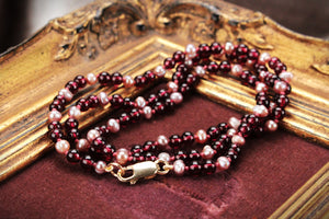BESPOKE GARNET & PINK PEARL NECKLACE 9ct GOLD