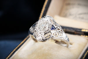 ANTIQUE 1920s .65ct DIAMOND & SAPPHIRE RING 18ct WHITE GOLD