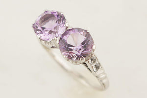 ART DECO c1930 AMETHYST & WHITE SAPPHIRE TOI ET MOI RING 9ct WHITE GOLD