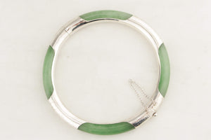 VINTAGE HINGED JADE AND STERLING SILVER BRACELET
