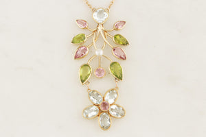 ANTIQUE ART NOUVEAU c1900 MULTI GEM & PEARL NECKLACE 15ct GOLD