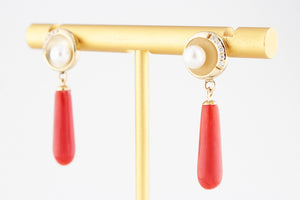 BESPOKE CORAL, PEARL & DIAMOND EARRINGS 9ct GOLD