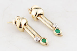VINTAGE EMERALD & DIAMOND DROP EARRINGS 9ct GOLD