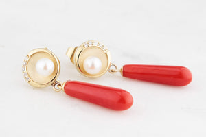 BESPOKE CORAL, PEARL & DIAMOND EARRINGS 9ct GOLD