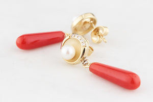 BESPOKE CORAL, PEARL & DIAMOND EARRINGS 9ct GOLD