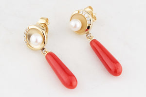 BESPOKE CORAL, PEARL & DIAMOND EARRINGS 9ct GOLD