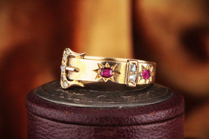 ANTIQUE VICTORIAN 1874 RUBY & DIAMOND BUCKLE RING 15ct GOLD