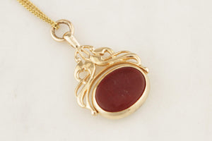 VINTAGE ANTIQUE STYLE BLOODSTONE & CARNELIAN FOB SPINNER 9ct GOLD