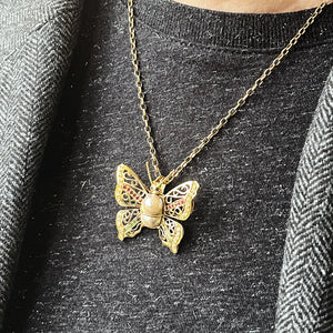 VINTAGE BUTTERFLY PENDANT WITH EMERALDS, RUBIES, DIAMONDS & PEARL 14ct GOLD