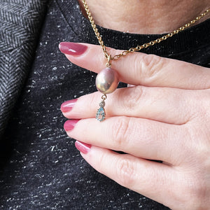 BESPOKE PEARL, AQUAMARINE & DIAMOND PENDANT 18ct GOLD