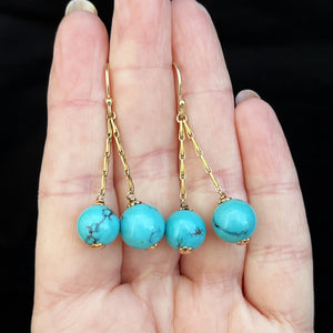 ANTIQUE TURQUOISE DROP EARRINGS 9ct GOLD