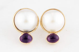 RETRO c1980’s MABE PEARL & AMETHYST EARRINGS 9ct GOLD
