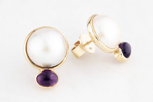 RETRO c1980’s MABE PEARL & AMETHYST EARRINGS 9ct GOLD