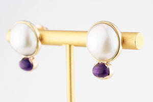 RETRO c1980’s MABE PEARL & AMETHYST EARRINGS 9ct GOLD