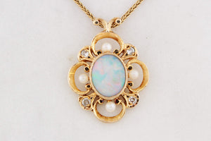 RETRO 1980’s OPAL, DIAMOND & PEARL PENDANT 9ct GOLD