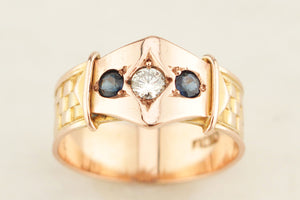 ANTIQUE AUSTRALIAN c1900 SAPPHIRE & DIAMOND RING 9ct ROSE & YELLOW GOLD