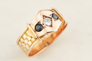 ANTIQUE AUSTRALIAN c1900 SAPPHIRE & DIAMOND RING 9ct ROSE & YELLOW GOLD