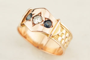 ANTIQUE AUSTRALIAN c1900 SAPPHIRE & DIAMOND RING 9ct ROSE & YELLOW GOLD