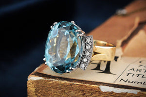 VINTAGE 21ct AQUAMARINE & DIAMOND RING 18ct GOLD