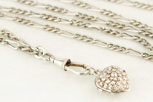 ANTIQUE LATE VICTORIAN c1890 SILVER GUARD CHAIN & HEART LOCKET