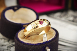 ANTIQUE EDWARDIAN c1910 RUBY & DIAMOND STARBURST RING 18ct GOLD