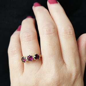 BESPOKE RHODOLITE GARNET TRILOGY RING 14ct GOLD